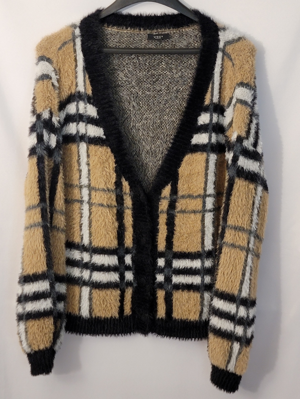 Vici Tan Plaid Fuzzy Cardigan Size L